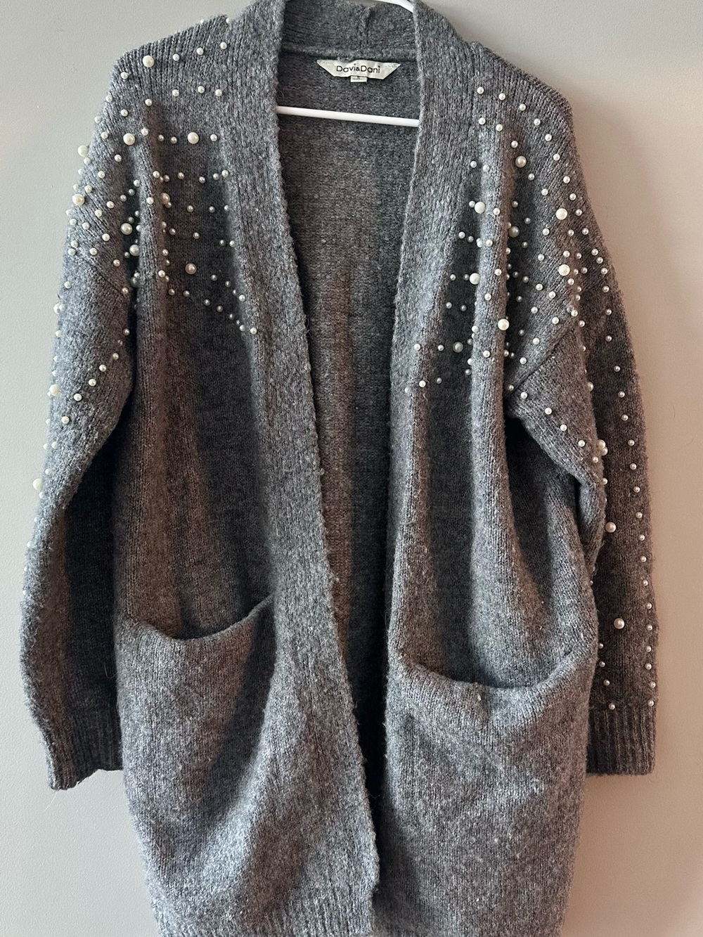 Gray Pearl-Embellished Open Cardigan Sweater